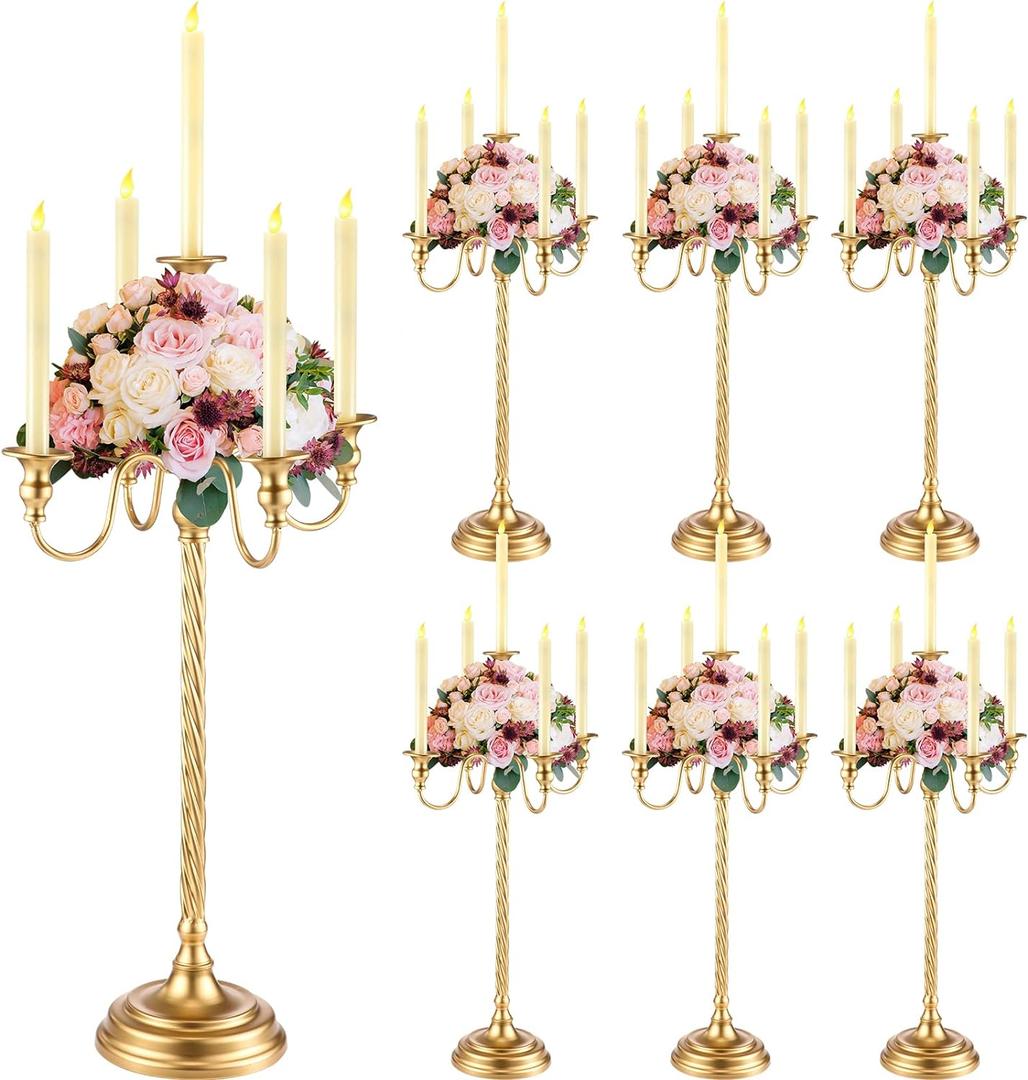 Tanlade 6 Pack Christmas Gold Candelabra Table Centerpieces Tall Candelabra Wedding Metal Candle Holder 5 Arm Taper Candlestick Floral Flower Floor Candle Stand for Church Dining Holiday Party (28 Inch)