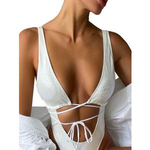 Women's Metallic Snakeskin One Piece Swimsuits Rave Outfit Bathing Suits (Medium, White)