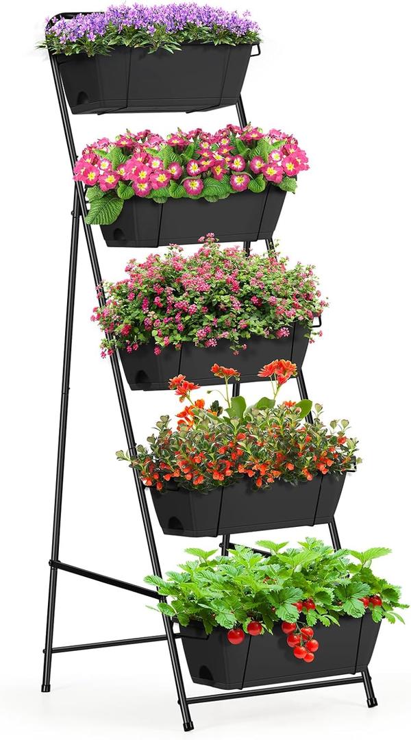 Vertical Garden Planter 5 Tiers Raised Garden Bed Outdoor Standing Herb Garden Planter with Drainage Holes and Removable Tray Planters for Outdoor Plants Vegetables Flowers Black