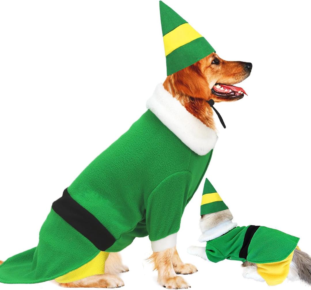 Dog Christmas Outfit with Cap, Funny Dog Elf Outfit, Christmas Dogs Clothes for Pets Party Winter Warm Outfit (Green, X-Large)