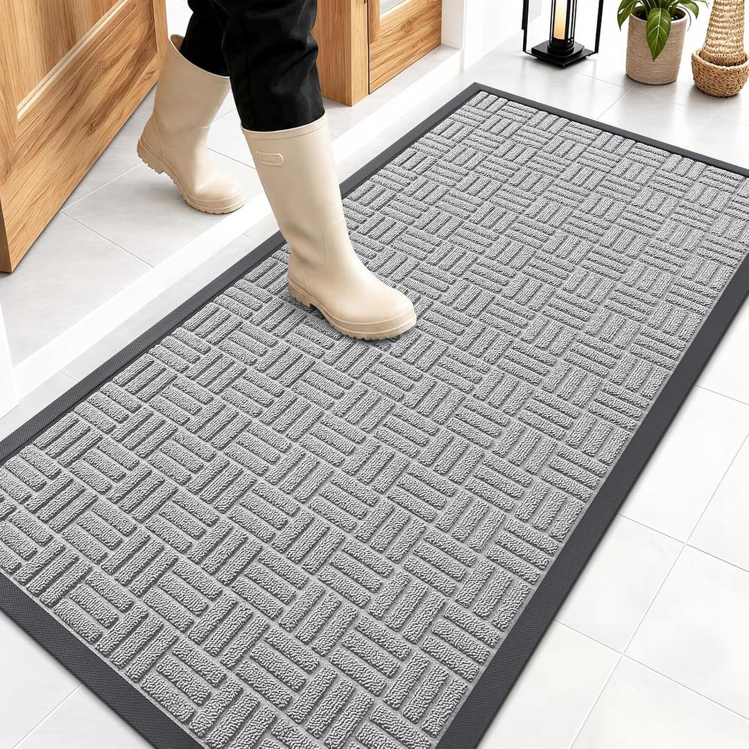 OLANLY Front Door Mat Outside Entrance 47x23, Absorbent, Heavy Duty Sturdy Natural Rubber Doormat Indoor Outdoor, Non-Slip, Stain and Fade Resistant, Low Profile Floor Mat for Entryway, Light Gray