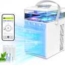 Portable Air Conditioners, 4-IN-1 Evaporative Air Cooler with App Control, 800ml Water Tank, Rechargeable Mini Air Conditioner, 3 Speeds & 3 Mist, Colorful Night Light Cooling Fan (White)