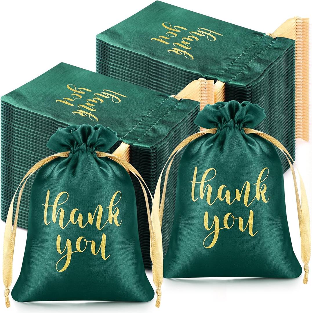 Roowest 100 Pcs Thank You Satin Gift Bags Drawstring Jewelry Candy Pouches for Wedding Bridal Shower Baby Shower Favor Drawstring Bag for Birthday Holiday Party(4 x 6 Inch,Dark Green)