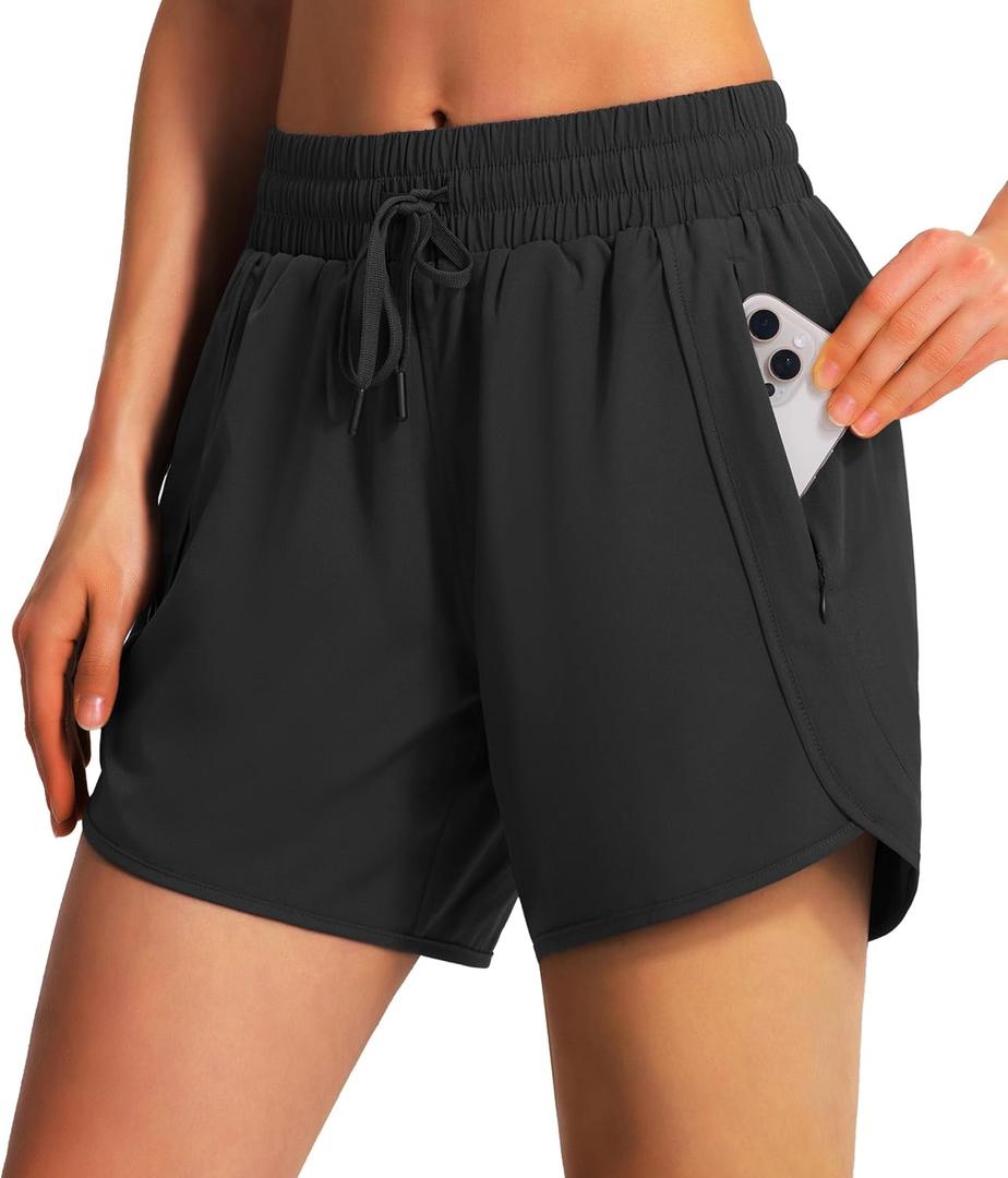 Ksmien Women's 5" Athletic Running Shorts Quick Dry Lightweight Workout Gym Shorts with Zipper Pockets UPF 50+ (Medium, Black)