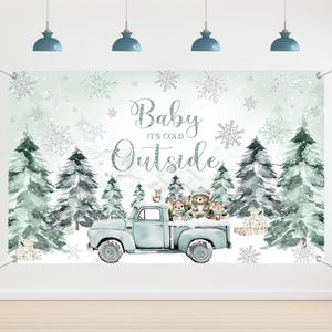 6x3.6ft Baby It's Cold Outside Backdrop Winter Forest Woodland Party Decoration Winter Baby Shower Photo Background Snowflakes Newborn Photo Banner (Green)