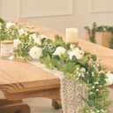 Anna's Whimsy 2PCS 5.91FT Artificial Eucalyptus Garland with Flowers, Fake Rose Gypsophila Garland, Faux Floral Greenery Garlands for Wedding Spring Home Party Table Runner Decor  White