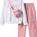 Floerns Girl's 3 Piece Outfit Letter Print Long Sleeve Sweatshirt Pants Set with Bag Pink 9Y