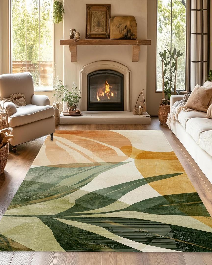 Boho Tropical Leaves Washable Living Room Area Rug, Low Profile Abstract Pattern, Non-Slip Backing Carpet for Kitchen, Bedroom, Dining Room (7'1" x 5' (Rectangular))