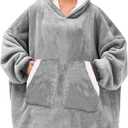 Kipswiza Oversized Wearable Blanket Hoodie, Cozy Fluffy Sherpa Fleece Hooded Blankets Sweatshirt Gifts for Women Men Family Members Friends, Light Grey (Adult)