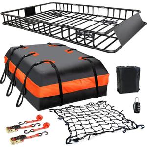 Roof Rack Carrier Carrier Basket 65"*39"*6"+Waterproof Bag 20 Cubic Feet(51"*40"*17"),and Cargo Net with Attachment Hooks,Ratchet Straps.200 Lbs Capacity,Universal Rooftop small Size Roof Rack