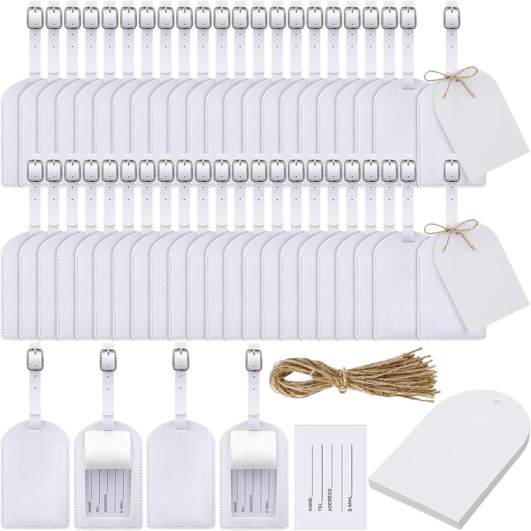 Amylove 48 Sets Leather Luggage Tags Bulk Wedding Favors Luggage Tags for Guests Bridal Gifts Wedding Bridal Shower Gift PU Leather with Name ID Card Tag for Guests (White)