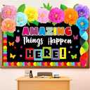 Fullhawl 3D Amazing Things Happen Here Bulletin Board Decorations Flower Classroom Themes Decor Sets Welcome Back to School Inspirational Colorful Rainbow Bulletin Board Cutout Letter Border (Floral)
