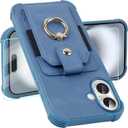 MONASAY Wallet Case Compatible for iPhone 16 5G 6.1 inch with 360 Rotation Ring Stand[Glass Screen Protector][RFID Blocking] Leather Phone Cover with Card Holder for Women and Men, Light Blue