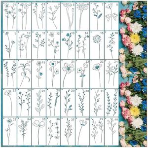 Pack of 2, 40pcs Flower Stencils for Painting on Wood Small Floral Spring Plant Leaves Stencils Paint Burning Patterns Template on Art Craft Canvas Wall Fabric Rock (40 Flower)