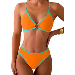 Fanuerg Women's Triangle Bikini Sets Circle Ring Linked Two Piece Swimsuit Color Block Cheeky Bathing Suit 2026 Orange L