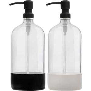 Kitchentoolz 32 oz Glass Pump Bottle with Stainless Steel Pump, Funnel, and Lids - Black