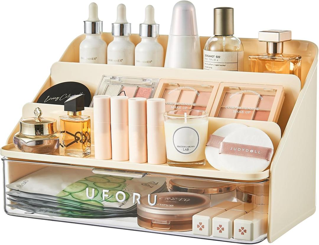 3-Tier Display Riser with Large Detachable Drawer, Plastic Storage Shelf, Perfume and Cologne Organizer Stand, Makeup Organizer for Vanity, Bathroom, Office, Cream White