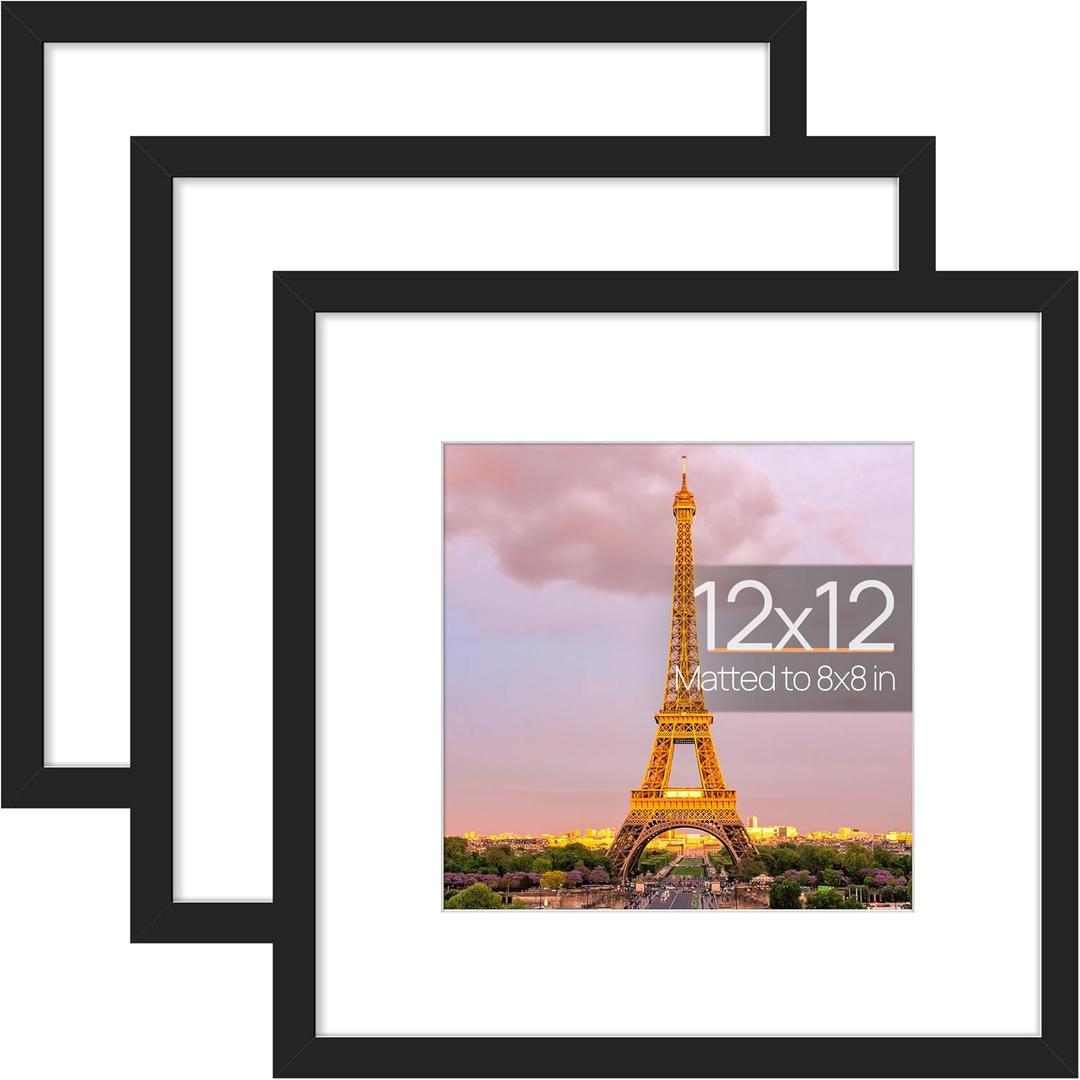 upsimples 12x12 Picture Frame Made of High Definition Glass, Display Pictures 8x8 with Mat or 12x12 Without Mat, Gallery Wall Frame Set, Black