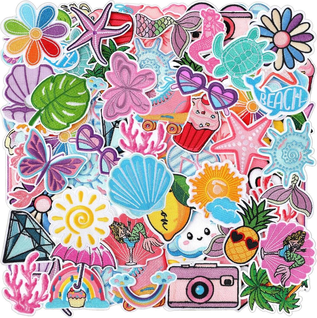 Lyrow 72 Pcs Summer Iron on Patches Hawaii Beach Embroidered Patches Cute Sea Animal Sew on Applique Decorative for Trucker Hat Backpacks Clothes, 36 Styles