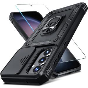 Janmitta Compatible with Samsung Galaxy A35 5G Case Built in Slide Camera Lens Cover+Screen Protector+Finger Ring Holder Kickstand,Heavy Duty Shockproof Full Body Phone Cover,2024 Black (Samsung A35(6.6 Inch), y Black)