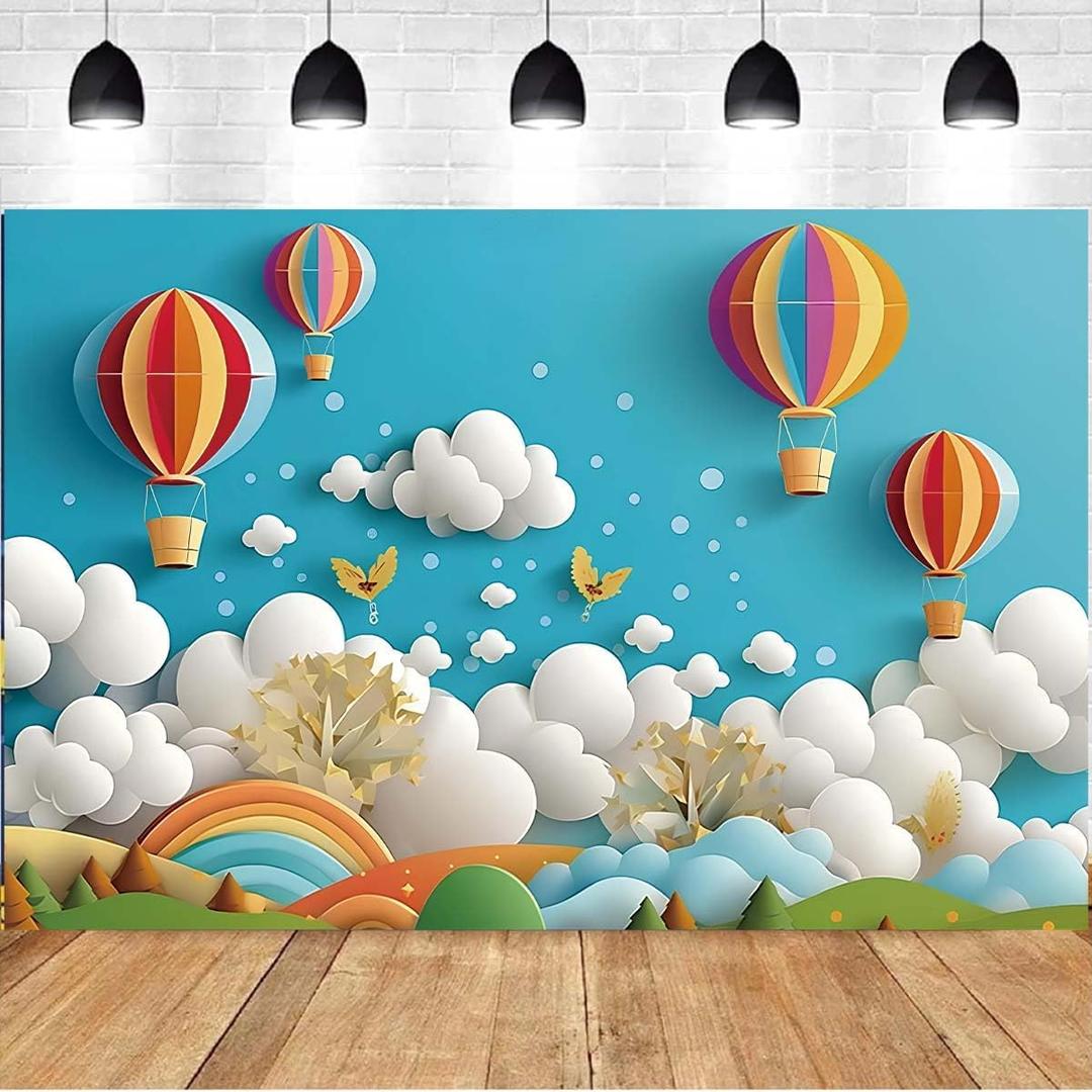 Rainbow Hot Air Balloon Flower Photography Background Happy 1st Birthday Backdrop Girl Boy 1st Birthday Party Cake Smash Banne Blue Sky White Clouds Baby Shower Newborn Background (Blue, 5X3feet)