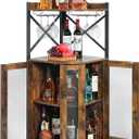 JKsmart Corner Bar Cabinet with Glass Holder, Industrial Cabinet with Mesh Door,4-Tier Cabinet with Open Shelf, Farmhouse Home Bar for Liquor and  Storage, Rustic Brown