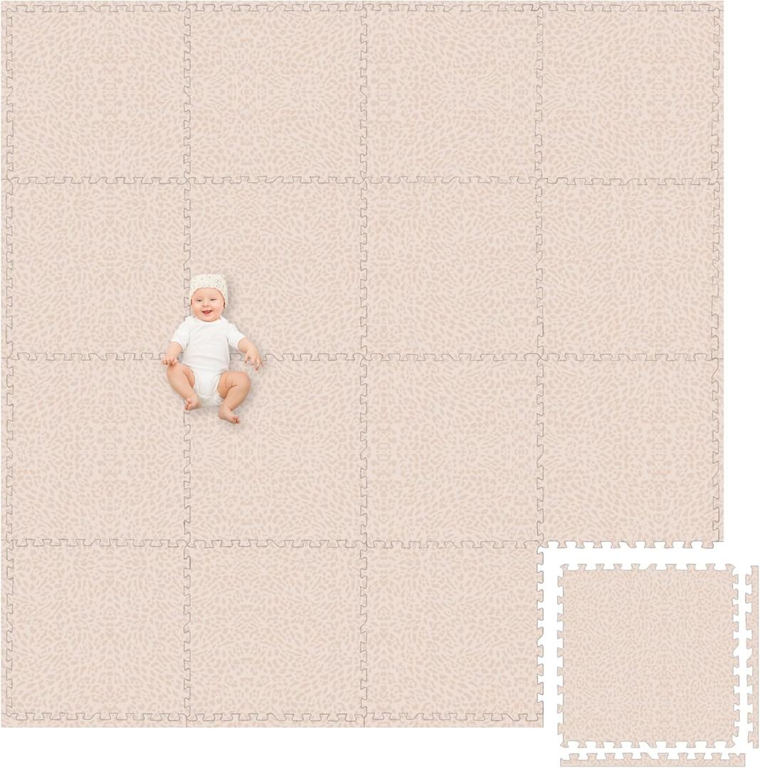 Play Platoon Non-Toxic Large Baby Play Mat for Floor, 16 Tile 96 x 96 inch - Extra-Thick Interlocking Foam Floor Tiles 24 x 24 in Puzzle Mat Pieces with Border, Playmat Rug for Kids - Savanna Print