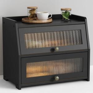 Large Bread Box for Kitchen Countertop, Black Bread Storage Container for Homemade Bread, Double Layer Farmhouse Breadbox Organizer for Kitchen Counter Cabinet, Pantry, Cupboard (Black)