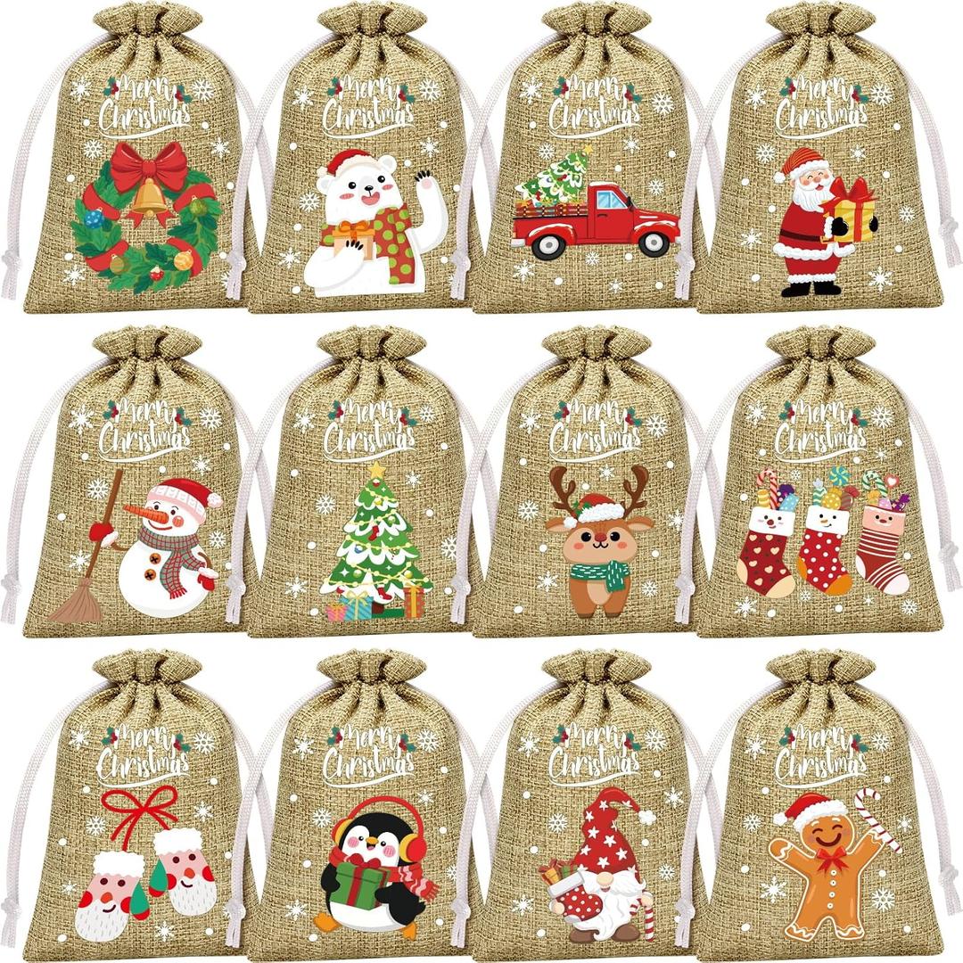 FLOE 72Pcs Christmas Burlap Gift Bags with Drawstring, Christmas Linen Treat Sacks Drawstring Goody Gift Bags Small Jute Xmas Candy Pouches Reusable Gifts Wrapping Sacks for Xmas Holiday Party Favors (1 Count (Pack of 72))