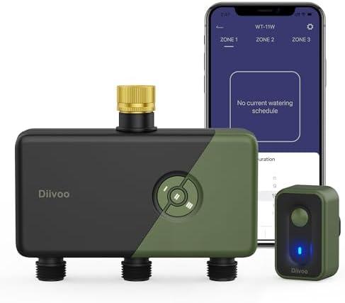 Diivoo 3 Zone WiFi Water Timer with Brass Inlet, Smart Sprinkler Hose Timer 3 Outlets Compatible with Alexa/Google Assistant, 18 Irrigation Plans, Rain Delay & Mist Mode for Garden Lawns (2.4GHz Only)