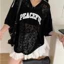 BEAUDRM Women's Oversized Lace Jersey Y2k Letter Graphic V Neck Short Sleeve Baggy Tee Shirts (L)