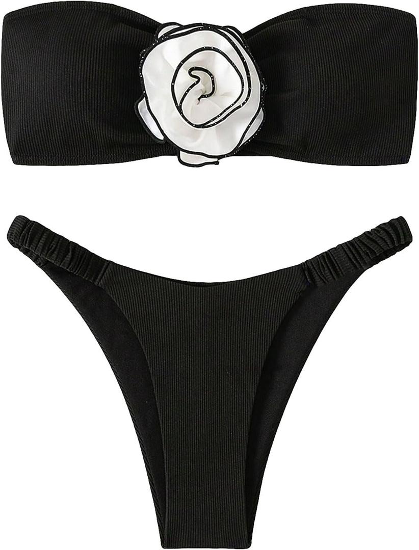 OYOANGLE Women's 2 Piece Bikini Sets 3D Floral Appliques Colorblock Sleeveless Strapless High Cut Bandeau Swimsuits (X-Large, Black)