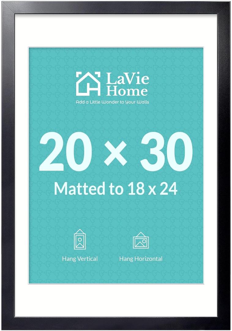 20x30 Picture Frame Black Poster Frame,Display Pictures 18x24 with Mat or 20x30 Without Mat, Stable and Sturdy Frame and Polished Plexiglass, Horizontal and Vertical Format of The Walls