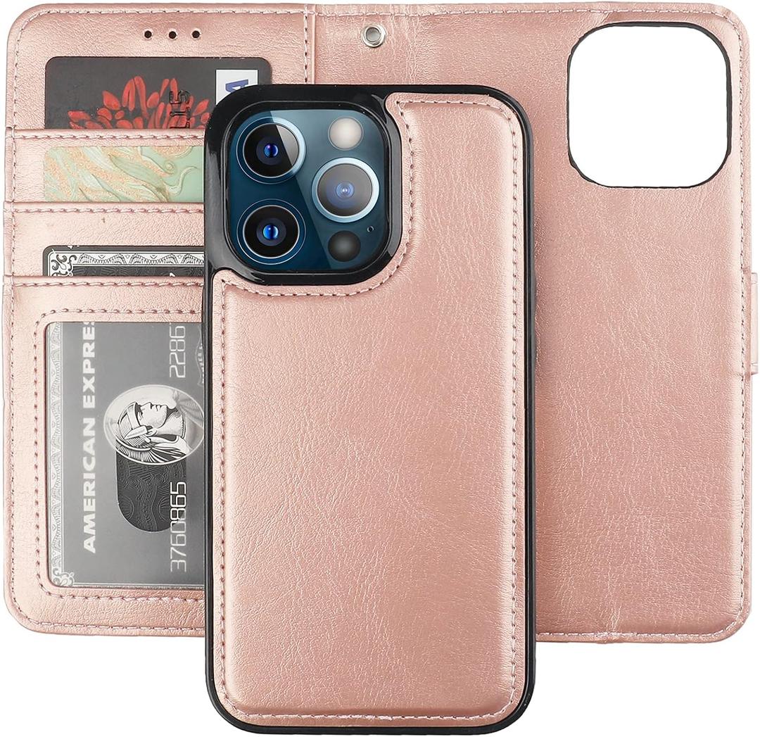 Bocasal Detachable Wallet Case for iPhone 13 Pro RFID Blocking Card Slots Holder Premium PU Leather Magnetic Kickstand Shockproof Wrist Strap Removable Flip Protective Cover 5G 6.1 inch (Rose Gold)