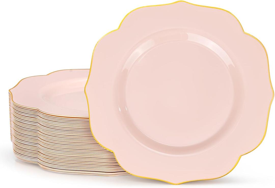 bUCLA 48Pieces Pink Plastic Dessert Plates - 7.5inch Premium Hard Pink with Gold Rim Small Cake/Salad/Appetizer Plates Disposable for Wedding, Party, Shower & Easter