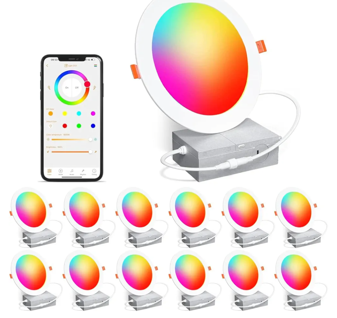 SikSog Smart Recessed Lighting 6 Inch Color Changing 16W LED Downlight,1350 Lumen Recessed Ceiling Light Compatible with Alexa,RGB & Warm White 2700K Dimmable by Bluetooth Control - 12 Pack