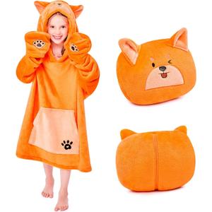 IFNOW Wearable Blanket Hoodie Kids, Oversized Fleece Blanket Sweatshirt Christmas Birthday Gifts for Boys, Girls, Teen Hoodie with Portable Foldable Blanket Pillow, Animal Embroidery 5-15 Years, Fox