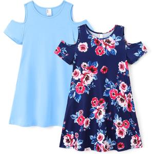 PATPAT Girls Summer Dress Short Sleeve Cold Shoulder Dresses Set Solid Color Casual Dress Floral Dress with Pockets (10-11 Years, Blue)