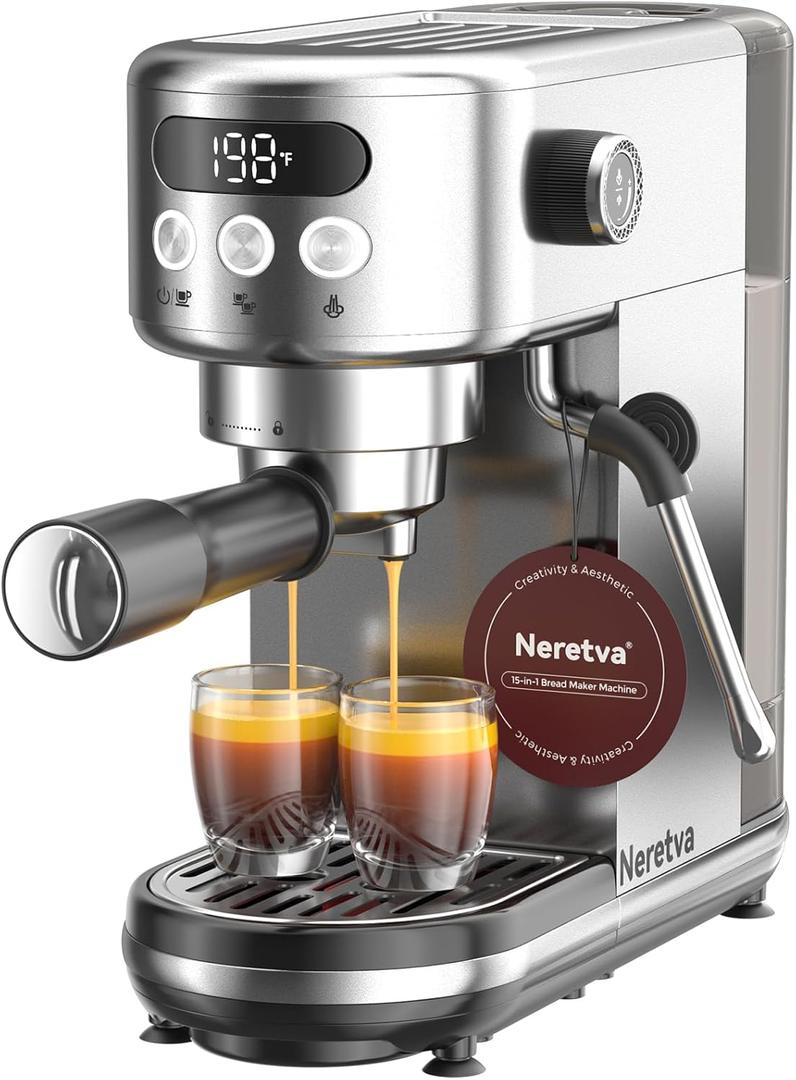 Neretva Espresso Machine 20 Bar, Super Compact Espresso Maker Stainless Steel Professional Coffee Machine Espresso with LED Display & Milk Frother for Home Barista Latte and Cappuccino Maker (Silver)