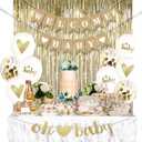 Gold Baby Shower Decorations Set for Girl or Boy Kit, Rustic Welcome Baby Banner in Burlap, 2 Gold Metallic Curtains, Balloons and Table Banner