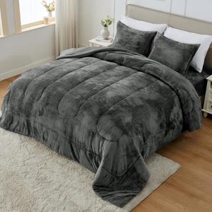 YIYEA Faux Fur Comforter Set Queen Size with Fitted Sheet, Luxury Ultra Soft Fuzzy Comforter, Fluffy Plush Velvet Bedding Comforter Sets for Fall Winter, Cozy Warmth, No Shedding, 4PC, Grey