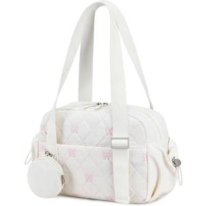CAMTOP Mini Gym Bag for Women, Small Gym Tote Bag Puffy Quilted Sports Duffel Bag with Wet Compartment and Coin Purse Duffel Bags Dance Yoga Workout Bag for Gifts (White Pink Bow, Mini-12.6")