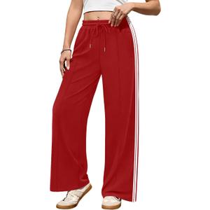 Track Pants Women High Waisted Striped Wide Leg Straight Lounge Pants Casual Sweatpants with Pockets (Red, XS)