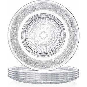 Elsjoy 6 Pack 10 Inch Large Glass Dinner Plate, Clear Round Serving Plate Vintage Embossed Dinnerware for Salad, Pasta, Fruits