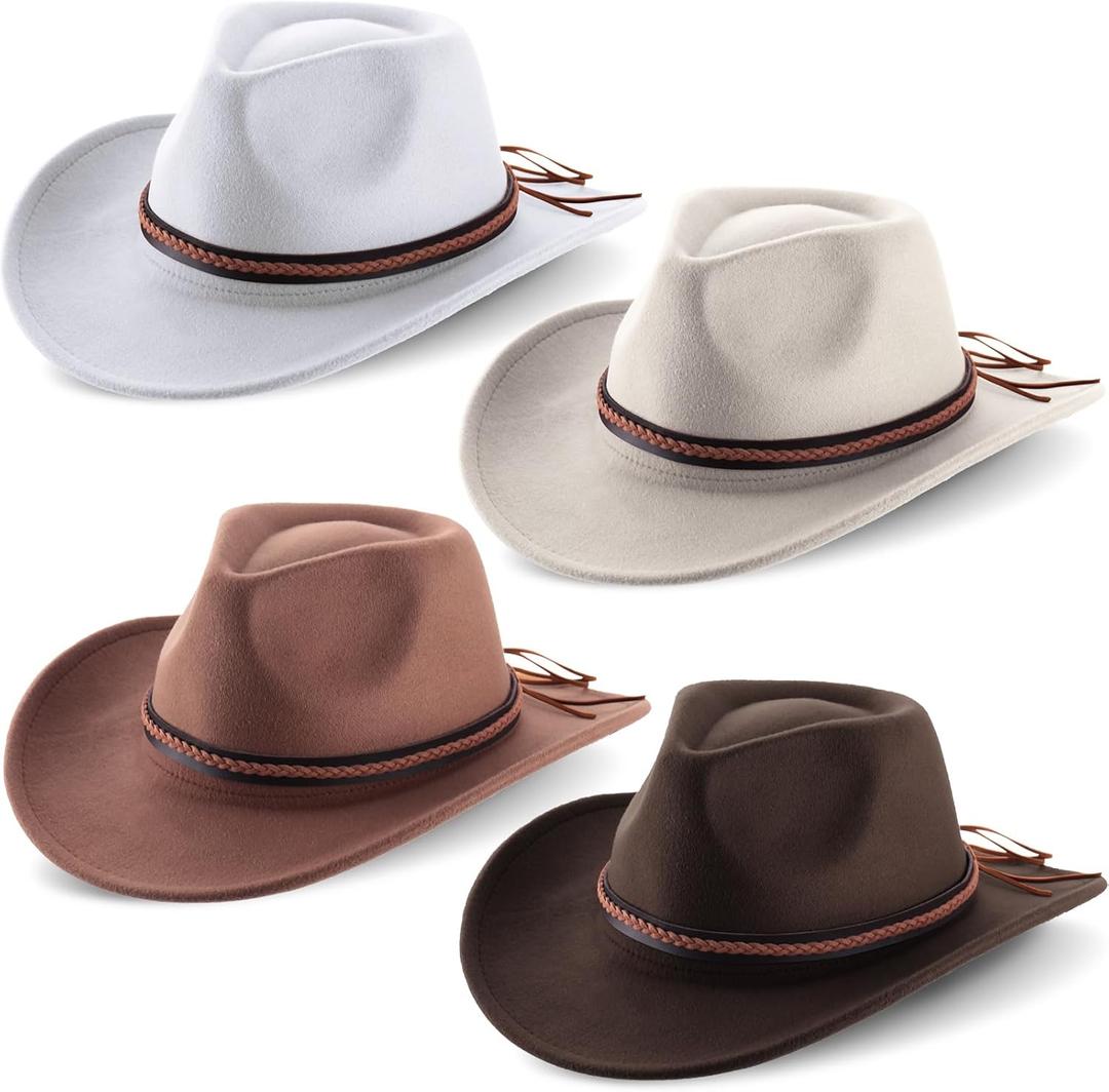 Chuarry 4 Pcs Felt Cowboy Hats for Women Men Wide Brim Western Cowgirl Hats Panama Hat for Adults Costume Outdoor(Coffee, Khaki, Beige, White), One Size
