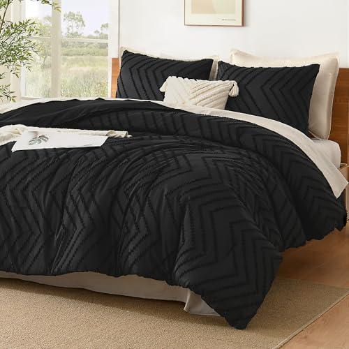 Litanika Oversized King Comforter Set Super King 120x120, 3 Pieces Boho Chevron Tufted Bedding Comforter Sets, Fluffy Bed Set Black