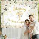 MEHOFOND Blessing On Your Confirmation Backdrop, White Floral Confirmation Decorations Banner with Gold Cross Dove, First Holy Communion Christening Party Photo Booth 6x3.6ft