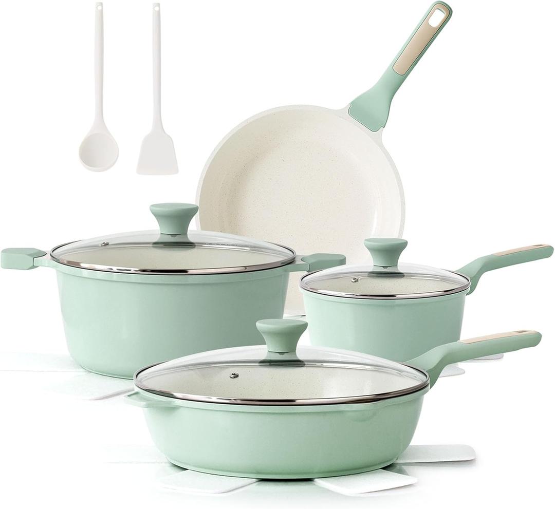 SENSARTE Nonstick Ceramic Cookware Set Large 13-Piece, Healthy Pots and Pans Set Dishwasher Safe, Non-toxic Kitchen Cooking Set with Stay-Cool Handles, Induction Compatible, PFAS Free, Green