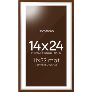 Homeforia 14x24 Picture Frame Brown, High End Dark Oak 14x24 Poster Wood Frame with Mat 11x22 for Photo, 14 x 24 Wooden Walnut Frame Matted to 11 x 22, 24x14 Frames, Tempered Glass, Wall Kit, Set of 1