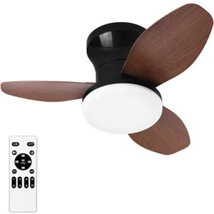 Small Ceiling Fan with Lights and Remote, 25 Inch Flush Mount, Reversible Quiet DC Motor, 3 Blades, 6 Wind Speeds, Dimmable LED, Adjustable Color Temperature, Timer